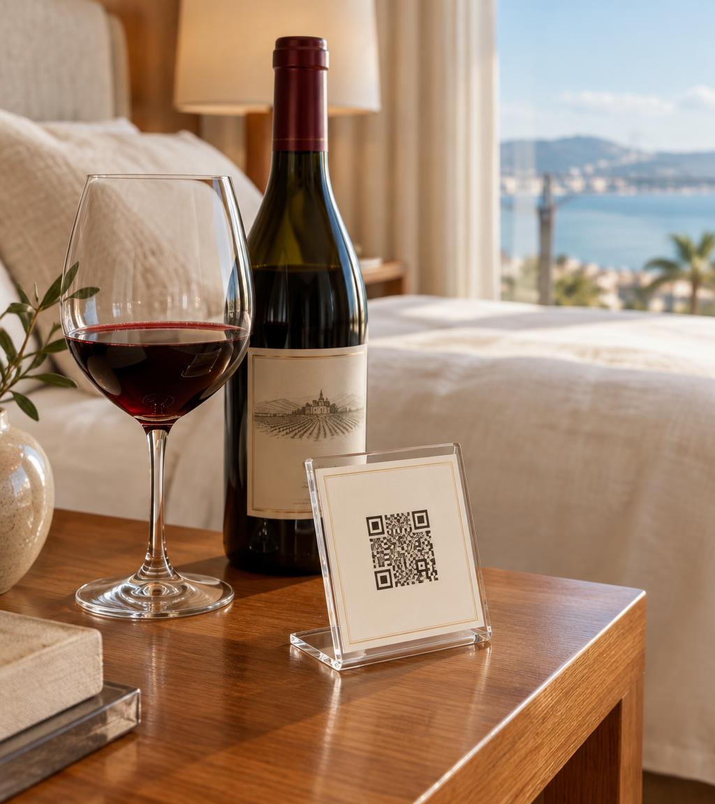 Display de mesa com QR Code ao lado de taça e garrafa de vinho